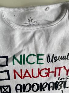 Next kids toddler size 2-3 years white Christmas bodysuit naughty nice, VGUC