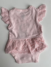 Load image into Gallery viewer, Anko baby girl size newborn pink bodysuit top lace frills toucan bird, EUC
