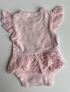 Anko baby girl size newborn pink bodysuit top lace frills toucan bird, EUC