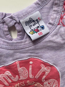 Mambo baby girl size 3-6 months purple short sleeve t-shirt elephant, VGUC