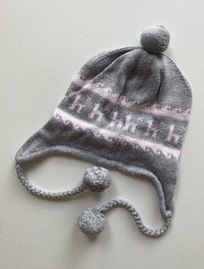 Seed baby one size grey pink knitted beanie hat pom poms, VGUC